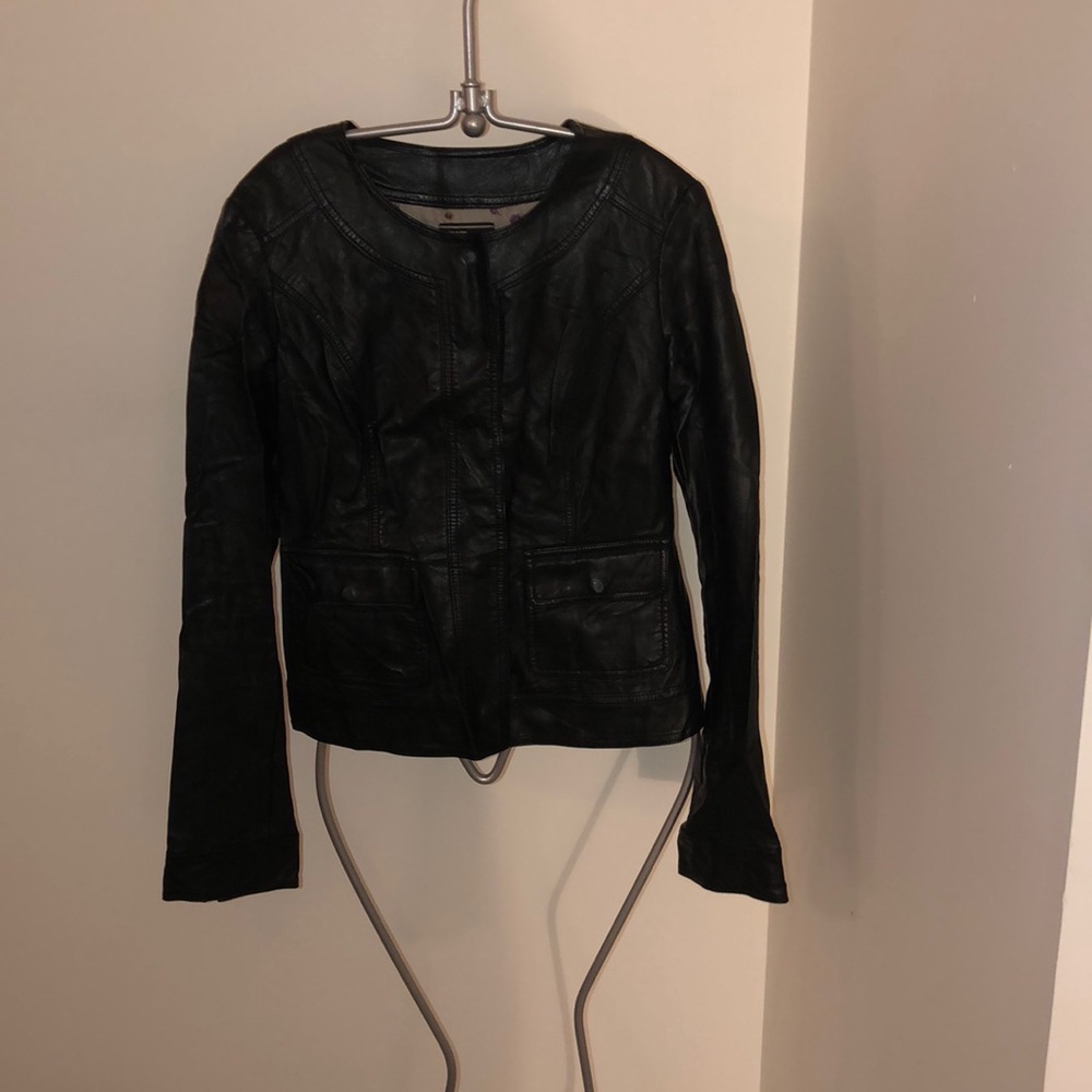 Vegan leather jacket w/snap closure